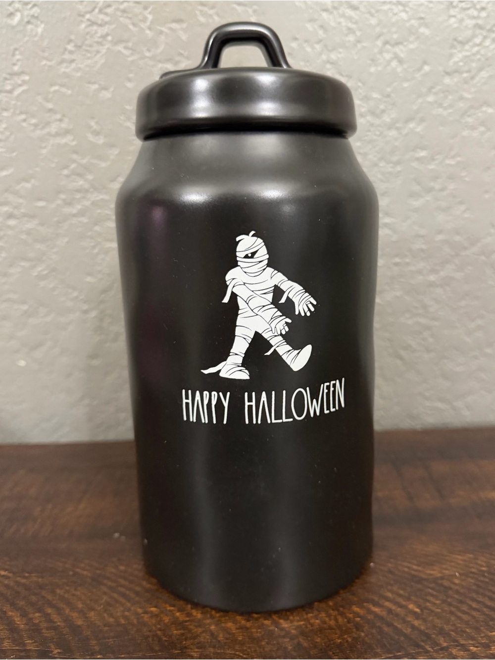 VHTF Rae Dunn Matte Black Dimply HAPPY HALLOWEEN MUMMY Canister-2019